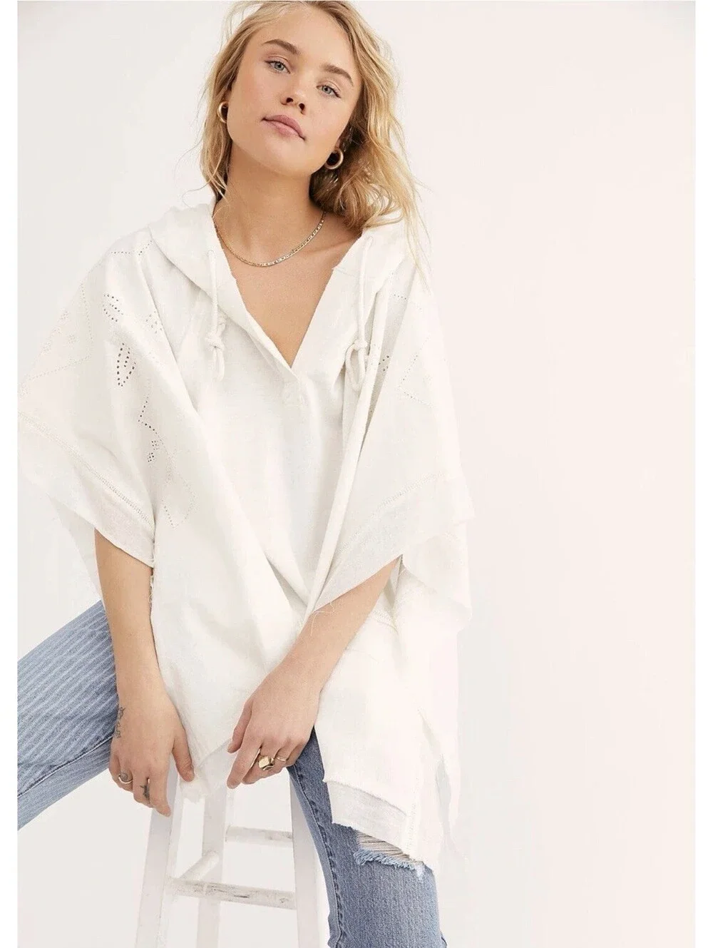 Free People Be There Oversized Ivory Hoodie Poncho Embroidered Eyelet Detailing